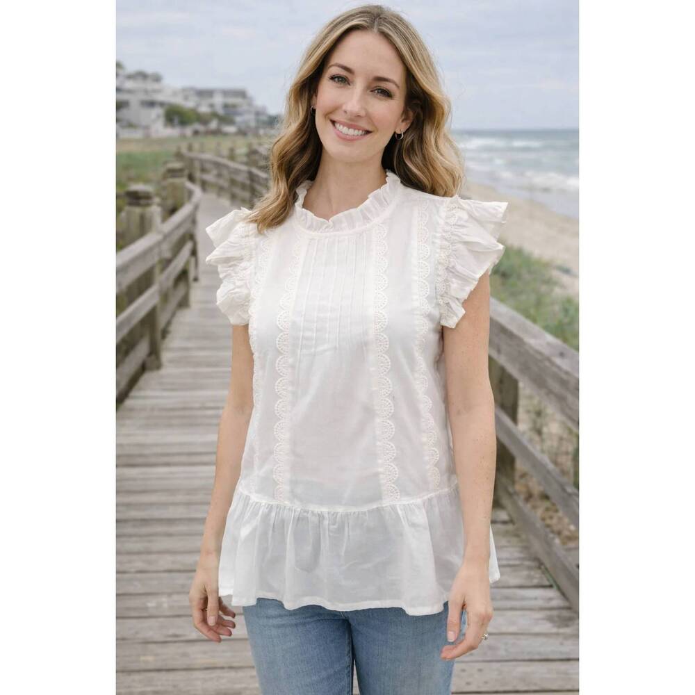 NEW VOY crew neck ruffle sleeve top in white